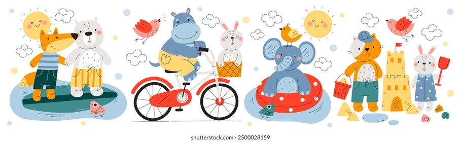 Happy animal funny friends characters enjoying summer vacation activity cycling, swimming on inflatable ring or palm leaf board, and building sand castle while resting on beach vector illustration set