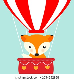 Happy animal in hot air balloon. Cartoon style.