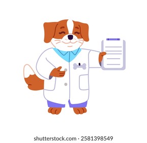 Happy animal medic holds clipboard. Cute anthropomorphic pup pediatric doc in medical coat with tablet of papers. Dog pediatrician, puppy physician smiles. Flat isolated vector illustration on white