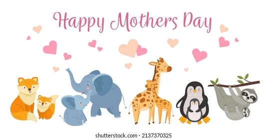 Happy animal mothers. Mother day banner with cute animals moms and babies. Cartoon giraffe, sloths and penguins, wild childish neoteric vector characters