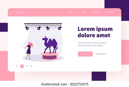 Happy animal trainer performing with camel on stage. Violence, knout, arena flat vector illustration. Circus and entertainment concept for banner, website design or landing web page