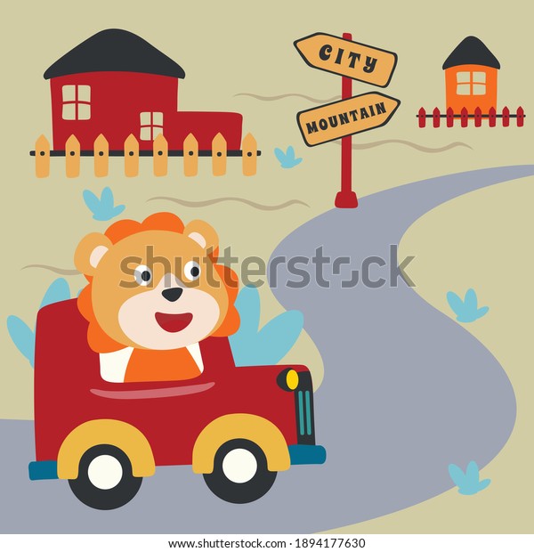 Happy Animal travels by car. Cartoon isolated\
vector illustration, Creative vector childish background for\
fabric, textile, nursery wallpaper, poster, card, brochure. and\
other decoration.