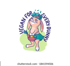 La feliz animal-chica con verduras y frutas. Conejo caricaturizado con una frase con letras - Vegan por cada conejito. Bueno para diseños de camisetas, pegatinas, anuncios, etc. Ilustración vectorial