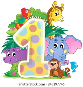 Happy animals around number one - eps10 vector illustration.