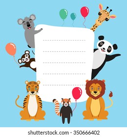 Happy animals with balloons. Vector cartoon characters. Kids illustration, Tiger, panda, koala, giraffe, great panda, lion. Vector 10EPS file,