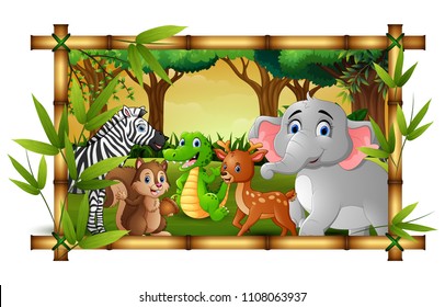 Happy animals in bamboo frame forest