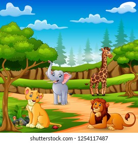 Happy animals cartoon on the nature scene