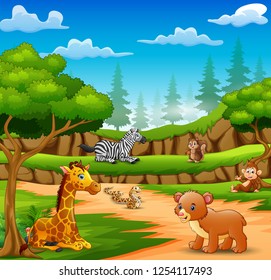 Happy animals cartoon on the nature scene