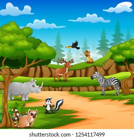 Happy animals cartoon on the nature scene
