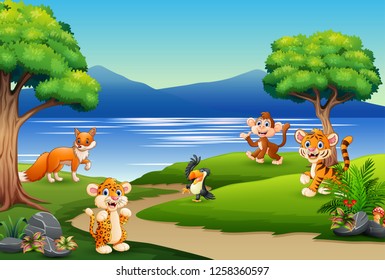 Happy animals cartoon on the nature scene