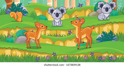 Happy animals cartoon in the park with green plants