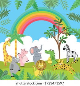happy animals cartoons between jungle and rainbow. vector illustration