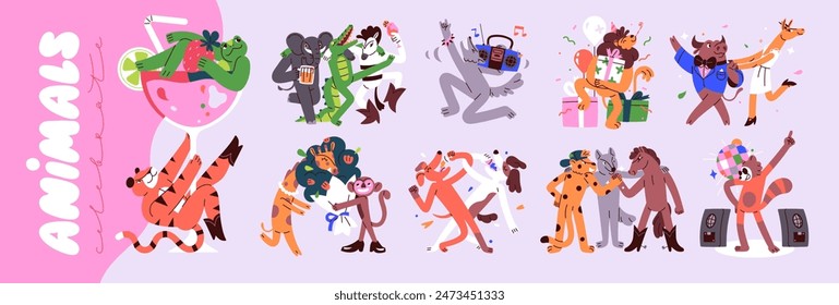 Happy animals celebrate festive event set. Funny friends: wolf, monkey, frog, dog, lion rejoice at birthday gifts, drink alcoholic cocktail, beer and dance at party. Flat isolated vector illustrations