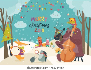 Happy animals celebrating Christmas