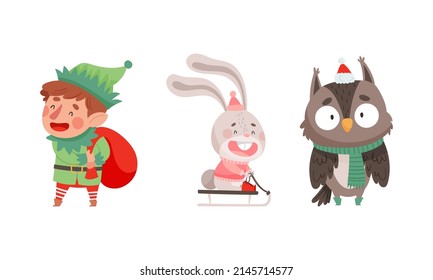 Happy animals celebrating Christmas set. Xmas elf, bunny and owlet with gifts cartoon vector illustration