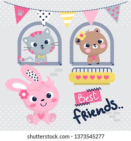 Happy animals with cute rabbit, bear and cat look out window at home and text "Best friends" on gray background illustration vector.