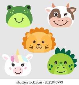 Happy animals faces - a frog,a cow, a Dino, a unicorn,  a lion. Vector illustrations with pets portraits