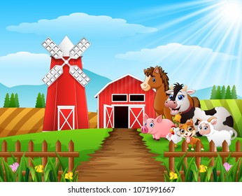 Happy animals at farm background