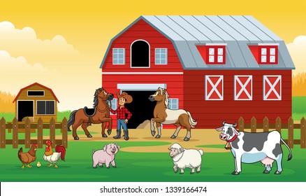 happy animals farm with the farmer in the farm land