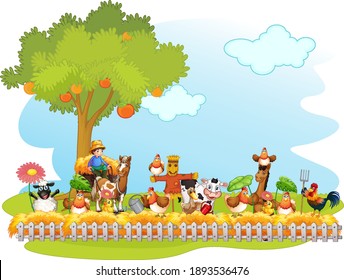Happy animals at farm illustration