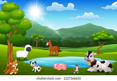Happy animals farm playing next to small ponds with mountain scenery