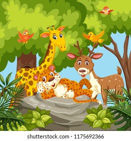 Happy animals in jungle illustration