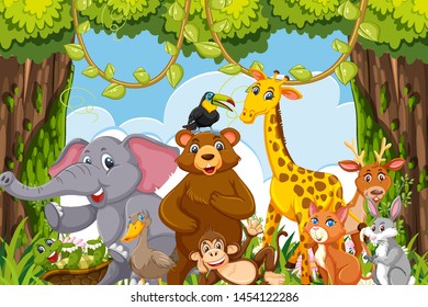 Happy animals in jungle scene illustration