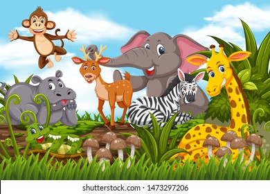 Happy animals in jungle scene illustration