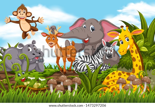 Happy Animals Jungle Scene Illustration Stock Vector (Royalty Free ...