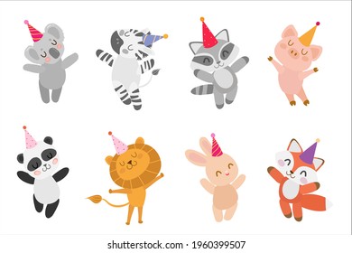 
happy animals kids in party hats on the white background