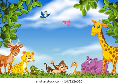 Happy animals in nature scene illustration