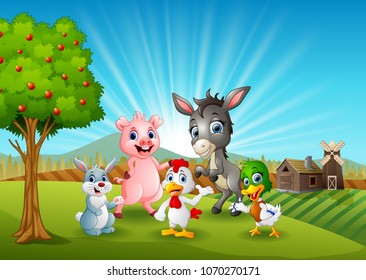 Happy animals on farm background