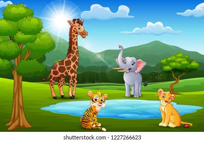 Happy animals playing next to small ponds with mountain scenery