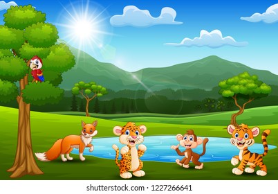 Happy animals playing next to small ponds with mountain scenery