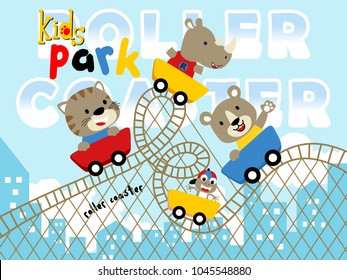 Happy animals playing roller coaster on buildings background. Rhino, tiger, bear and frog. Vector cartoon illustration