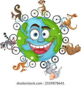 Happy animals riding bikes around a smiling Earth