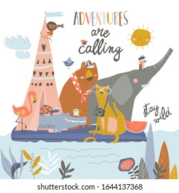 Happy animals riding on the raft on the lake. Little friends floating in a raft on the pond