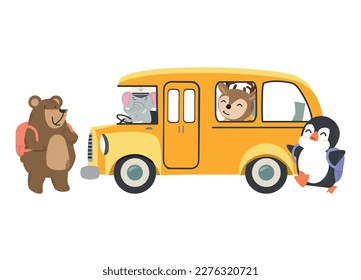 Happy animals riding shool bus going to school