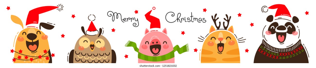 Happy animals in Santa hats. Joyful dog, owl, pig, cat and panda. Merry Christmas banner. Vector illustration