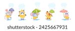 Happy Animals Wearing Coat Walking in Rainy Day with Umbrella Vector Set