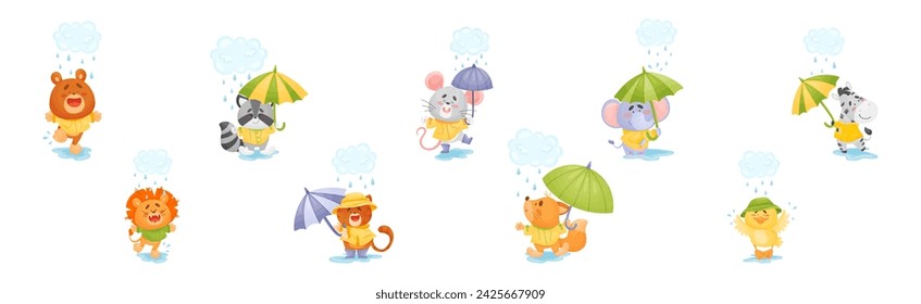 Happy Animals Wearing Coat Walking in Rainy Day with Umbrella Vector Set