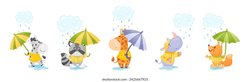 Happy Animals Wearing Coat Walking in Rainy Day with Umbrella Vector Set