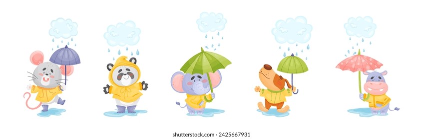 Animales felices que llevan el abrigo caminando en día lluvioso con el conjunto del vector del paraguas