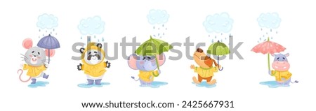 Happy Animals Wearing Coat Walking in Rainy Day with Umbrella Vector Set