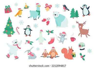 Happy animals and winter holidays set with cute cartoon elements in flat design. Bundle of gifts, lama, bells, bear, Christmas tree, penguin, holly and other isolated stickers. Vector illustration.