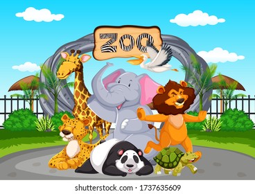 Happy animals at the zoo illustration