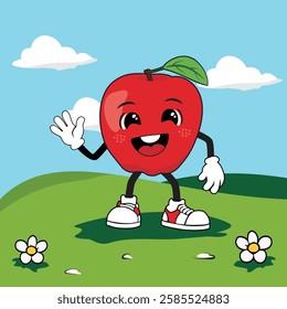 A happy, animated red apple character with a smiling face and a wave, wearing sporty sneakers. Set against a bright blue sky with fluffy clouds and flowers on the ground, this cheerful vector