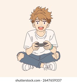 Garoto de anime feliz com um controlador de jogo senta-se com pernas cruzadas. Roupa casual com jeans rasgado e tênis. Fundo neutro. Captura uma experiência de jogos divertida.