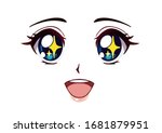 Happy anime face. Manga style big blue eyes, little nose and big kawaii mouth. Yellow sparkles in her eyes. Hand drawn vector illustration.