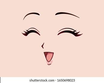 Happy Anime Face. Manga Style Closed Eyes, Little Nose And Kawaii Mouth. Hand Drawn Vector Illustration.